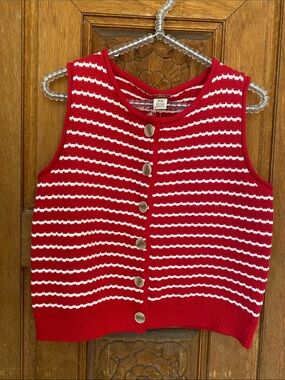 NWT Magaschoni knit sweater vest top red white stripe MEDIUM cotton sleeveless